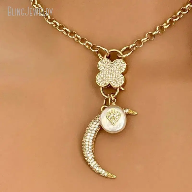 10pcs Carabiner Necklace Gold Color Stainless Steel Rolo Chain Clover Snap Clasp Charm Fresh Water Pearl Heart Half Moon Jewelry