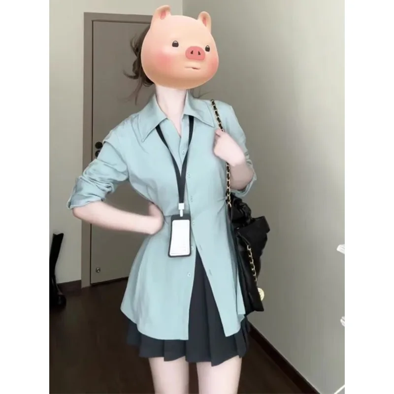

Lapel Collar Long Sleeve Solid Shirt Women Waisted Pleated Slimming Long Blouse Lady Elegant Premium Top Exquisite Chic Tee