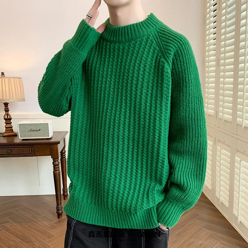 Spring New Round Neck Sweater Men's Korean Style Fashion Leisure Large Size Knitwear Male Thickened Warm Inner Match Pullover