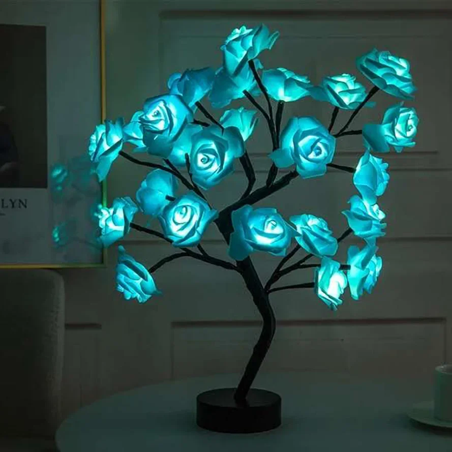 

24 LED Artificial Rose Tree Lights with USB Plug, Faux Flower Table Lamp, Fake Flower Night Light for Home, Party, Christmas, We