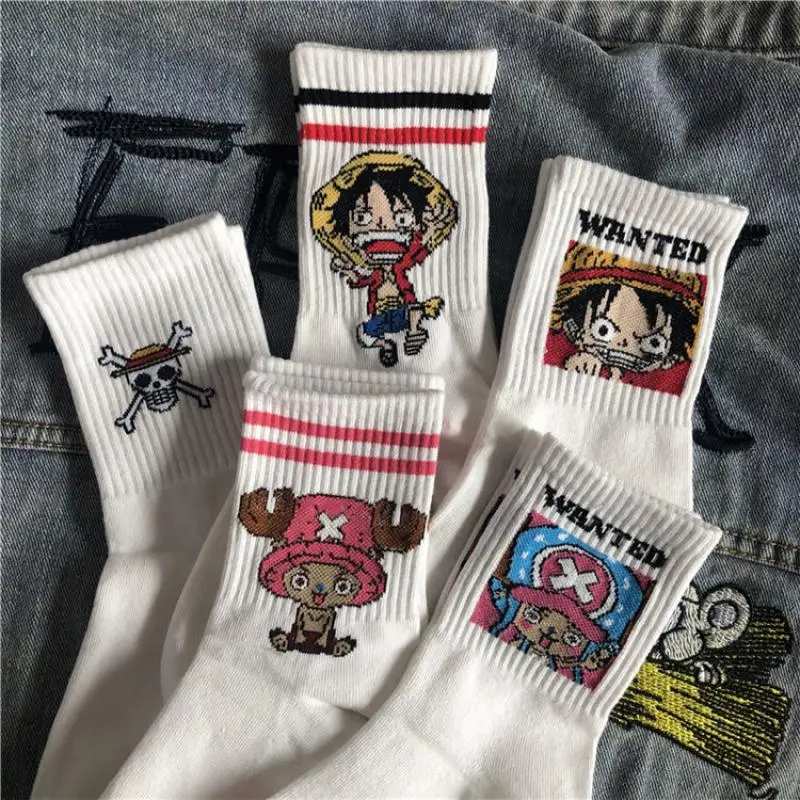 5 Pairs One Piece Luffy Tony Chopper Girl Sock Cotton Mid-Calf Socks Cartoon Cute Japanese Style Stripe Socks Anime Gift Toy