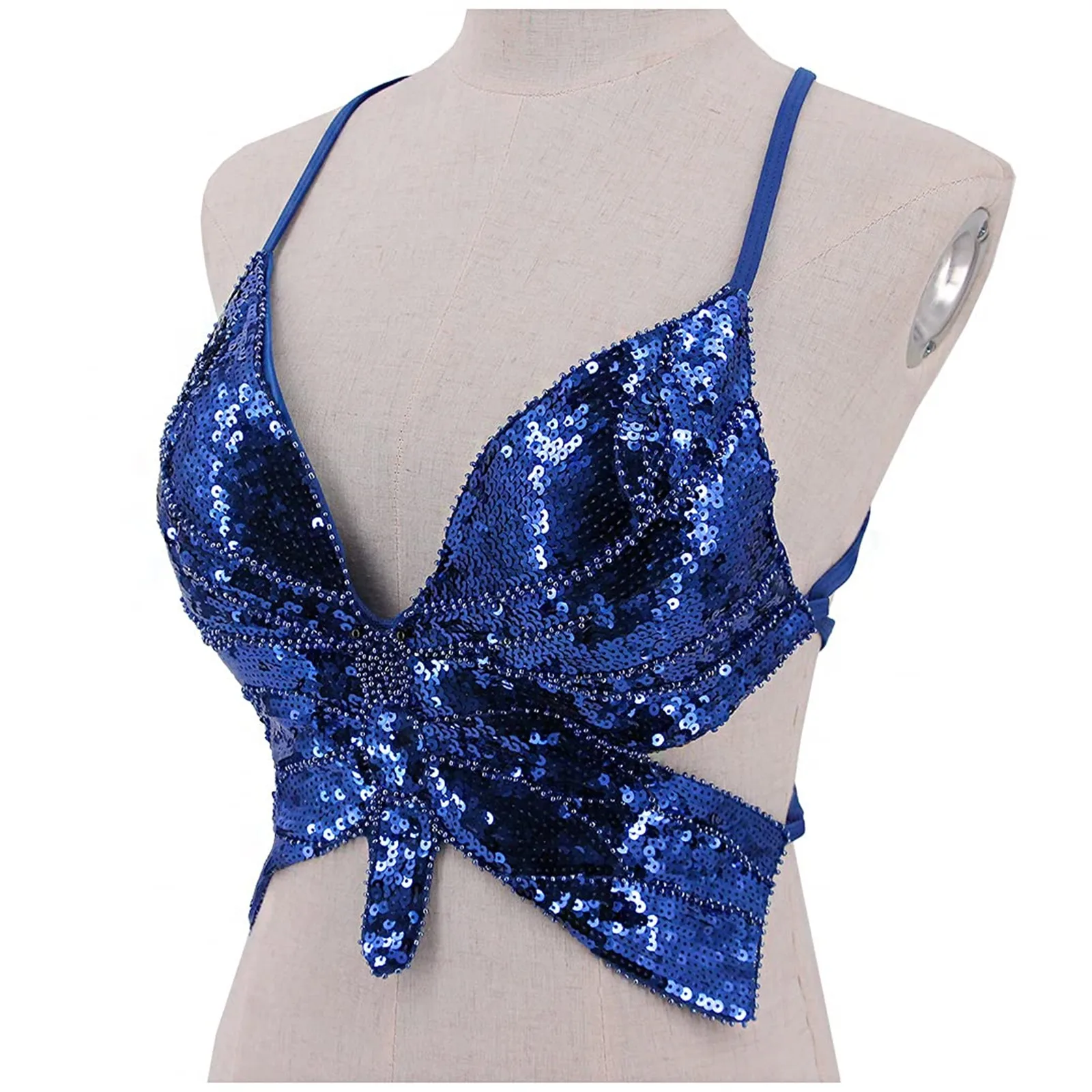 Y2k Butterfly Sequin Crop Top Women Summer Backless V Neck Sexy Club Costume Carnival Festival Clothes New Bandage Bra Tops