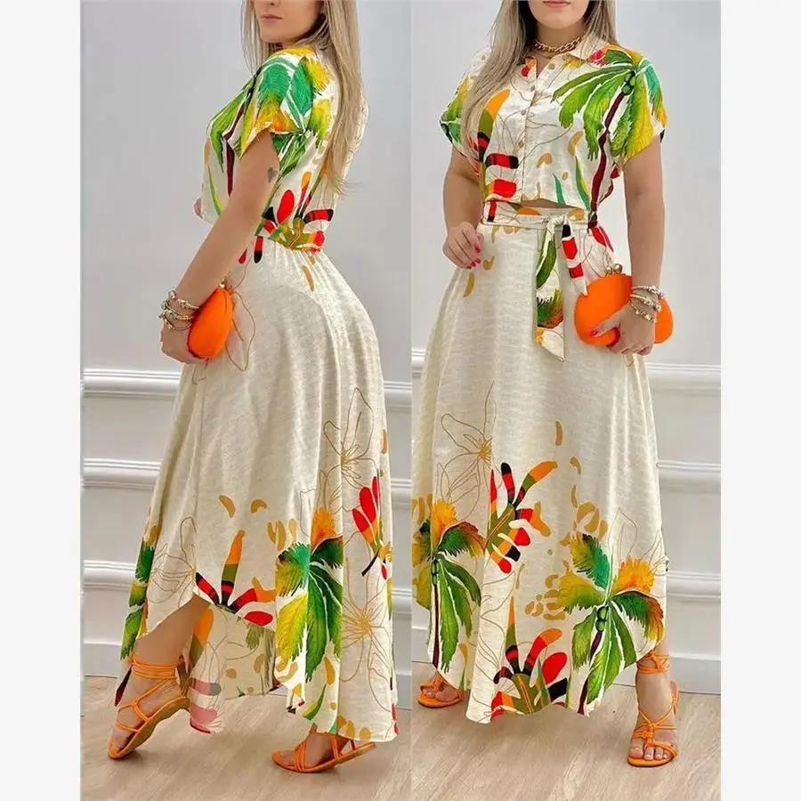 

Tropical Print Button down Short Sleeve Crop Top Skirt Set Women's Fashion Ensemble Summer 2023 Polyester Material
