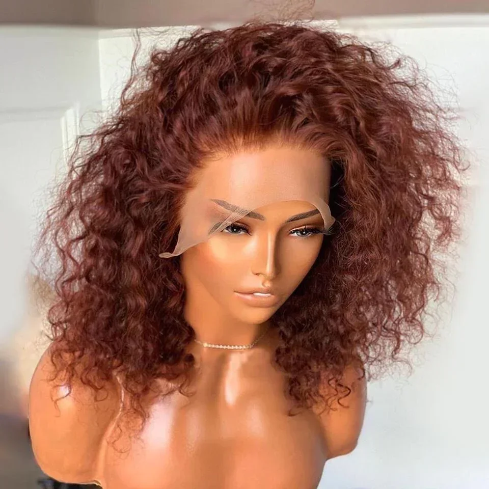 

Soft Short Bob Ginger Brown Kinky Curly 180Density Lace Front Wig For Black Women Babyhair Preplucked Heat Resistant Glueless