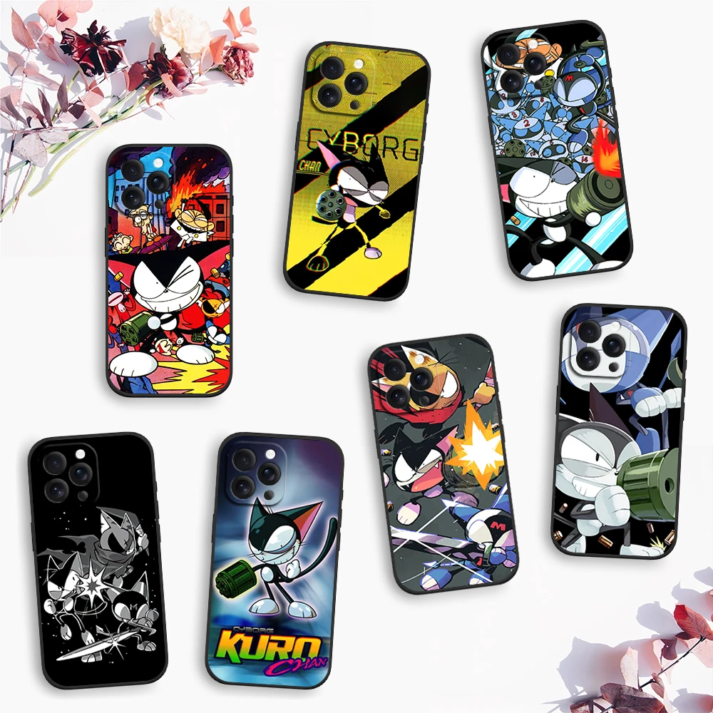 Anime Cyborg Kuro chan 90s Kat Cool Telefoon Case voor iPhone 12 11 14 15 13 16 Max Plus Pro Zwart zachte Siliconen Cover