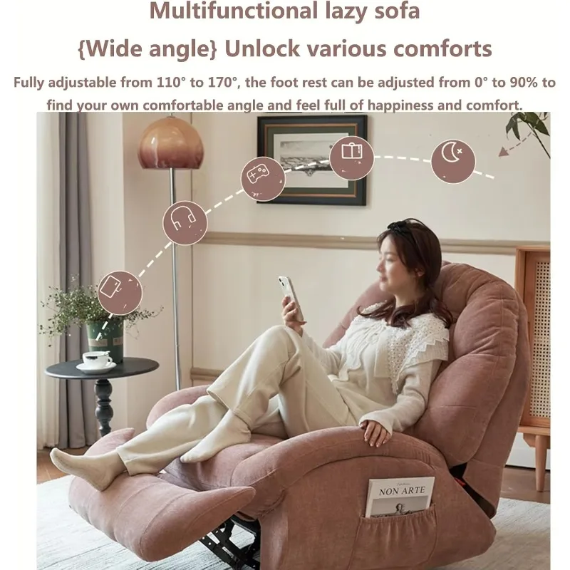 Large electric lounge chair with thickened width, adjustable backrest and footstool with side pockets