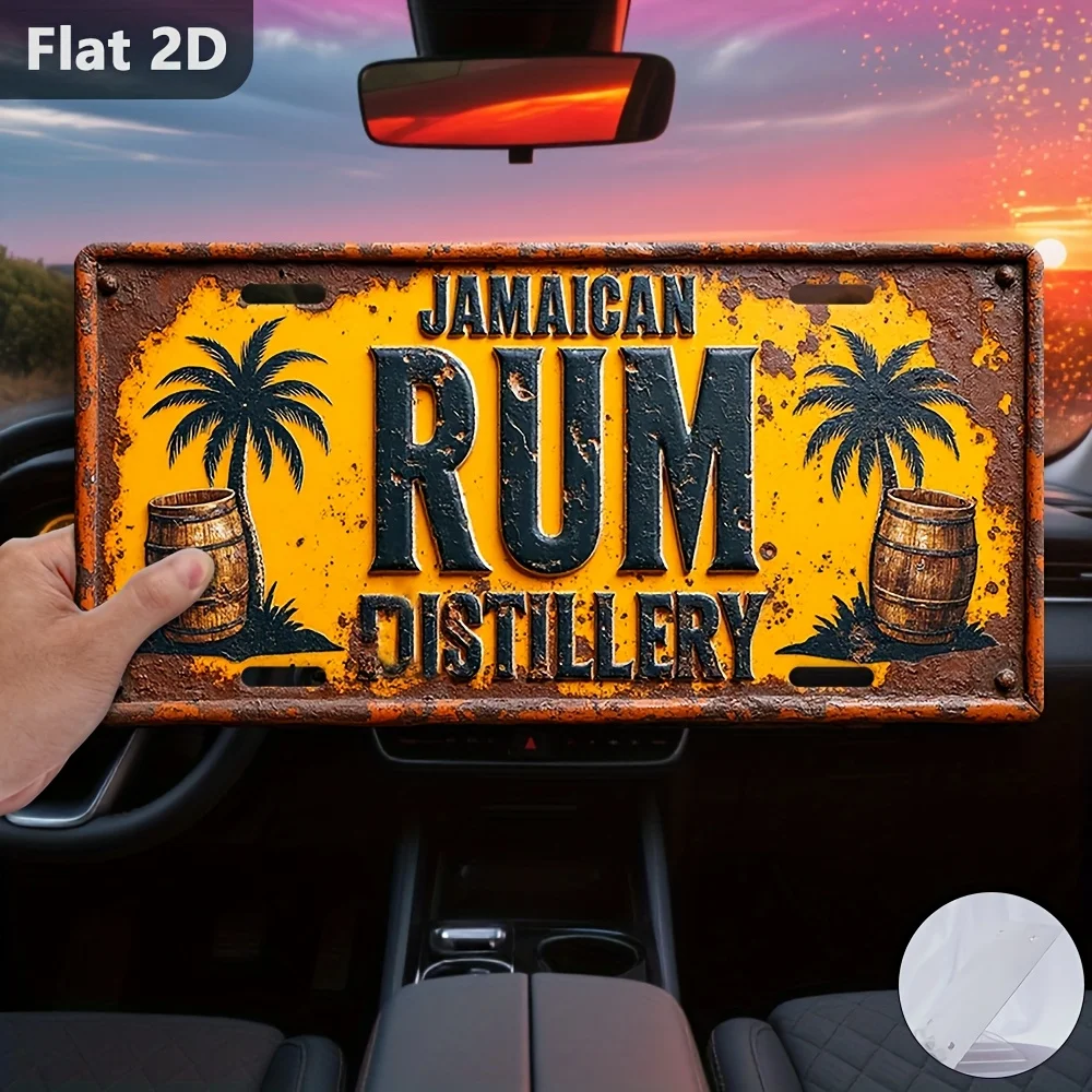 2D Flat, 1pc Vintage Aluminum  Sign - Rum Distillery Wall Art with Palm Trees & Barrel Design, 30x15cm Industrial Retro Metal - view 6
