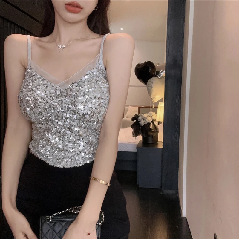 Women Sexy Sequin V-neck Suspender Vest  Backless Slim Tanks and Camis Strap Glitter Crop Top Fashion Camisole Dropship