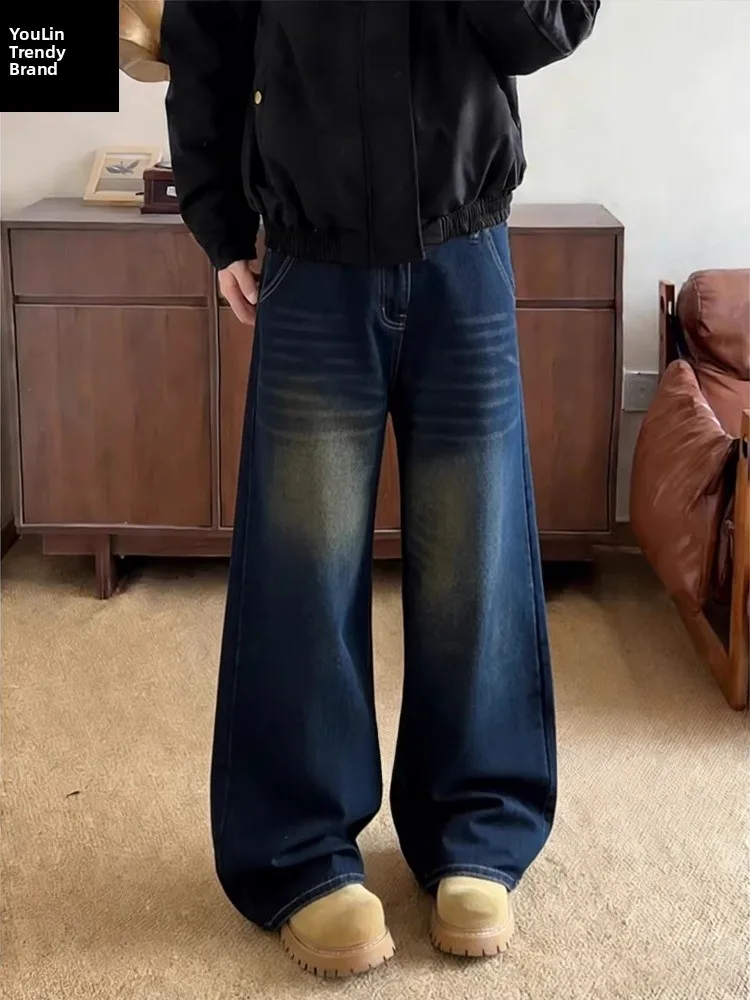 

Deep Blue Fce Lined Knife Straight Leg Jeans Men's Winter Wide Leg Pants Cleanfit Slimming Flared Long Trousers