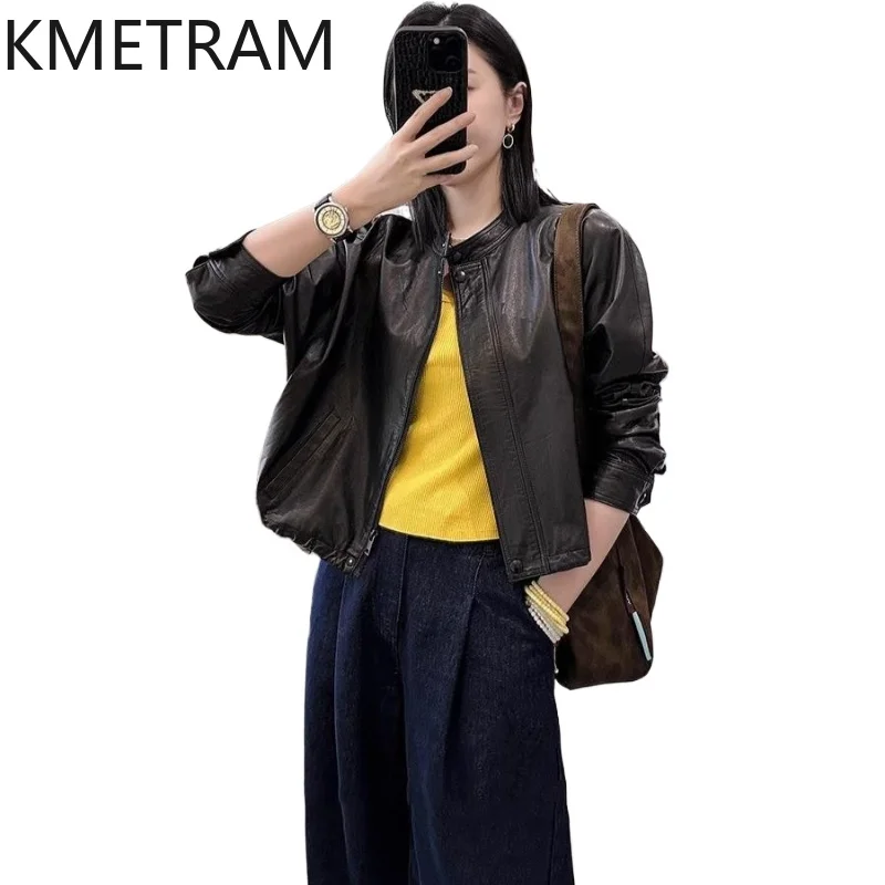

KMETRAM 100% Real Vegetable-Tanned Sheepskin Leather Jacket Short Stand Collar Jackets Loose Autumn Coat Women Clothing 2026 자켓
