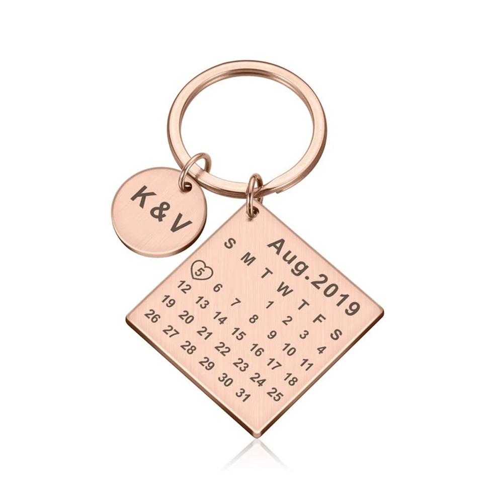 Keychain for Men Custom Stainless Steel Engraved Initials Calendar Date Keychain Wedding Anniversary Gifts Llavero Personalizado