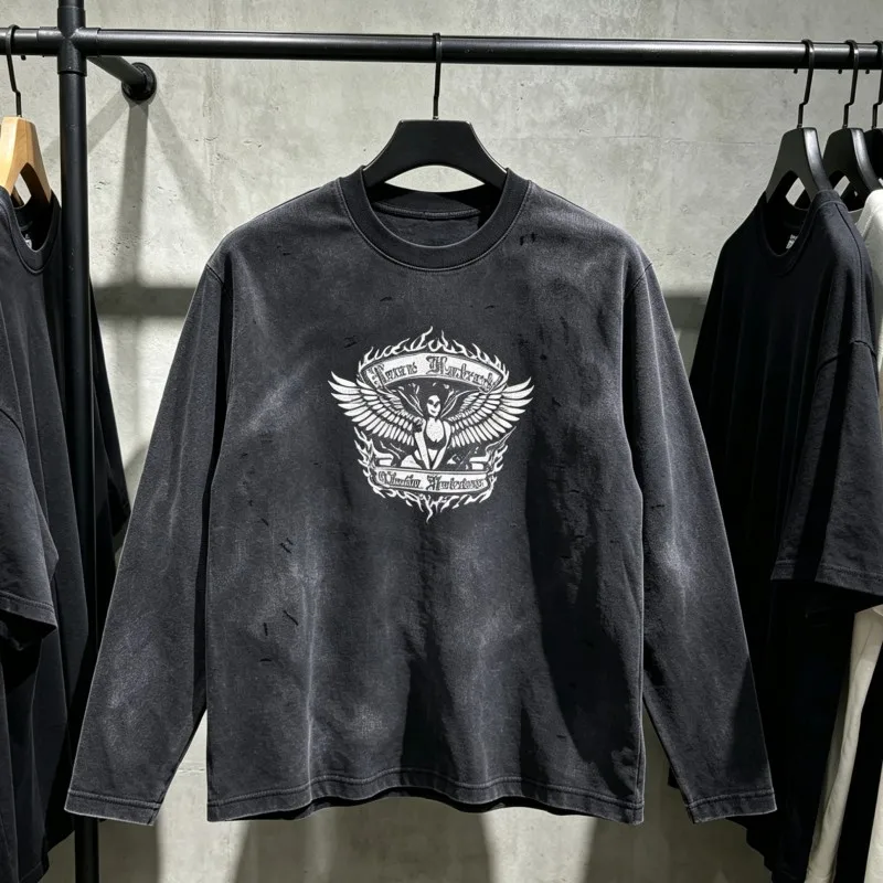 Men Women Gothic High Streetwear CHEW FOREVER Sweatshirt Earth Angel Wings Retro Print Dark Destruction Waffle Long Sleeve Tops