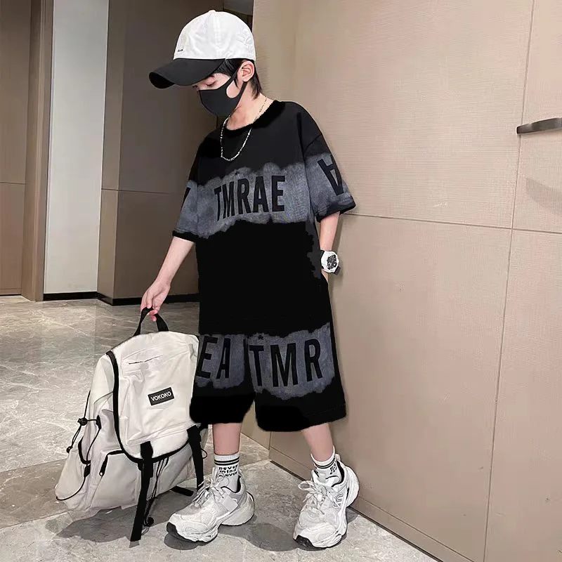 Summer Arrival Boys Edgy Stylish Short Sleeve Sports Two Piece Set Fashion Trendy Outfit  Middle  Boys Daily Outdoor Casual Wear