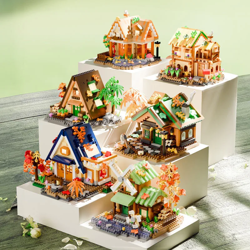 MOC Forest Log Cabin Model Micro Building Blocks Countryside Windmill Wooden House Hut Villa Cottage Bricks Toys Gift for Kids
