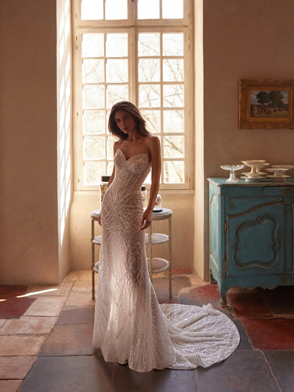 Oogverblindende borduurwerk kant zeemeermin lange trouwjurk illusie mouwloze bruidsjurk op maat gemaakte nieuwe sierlijke jurken voor de bruid