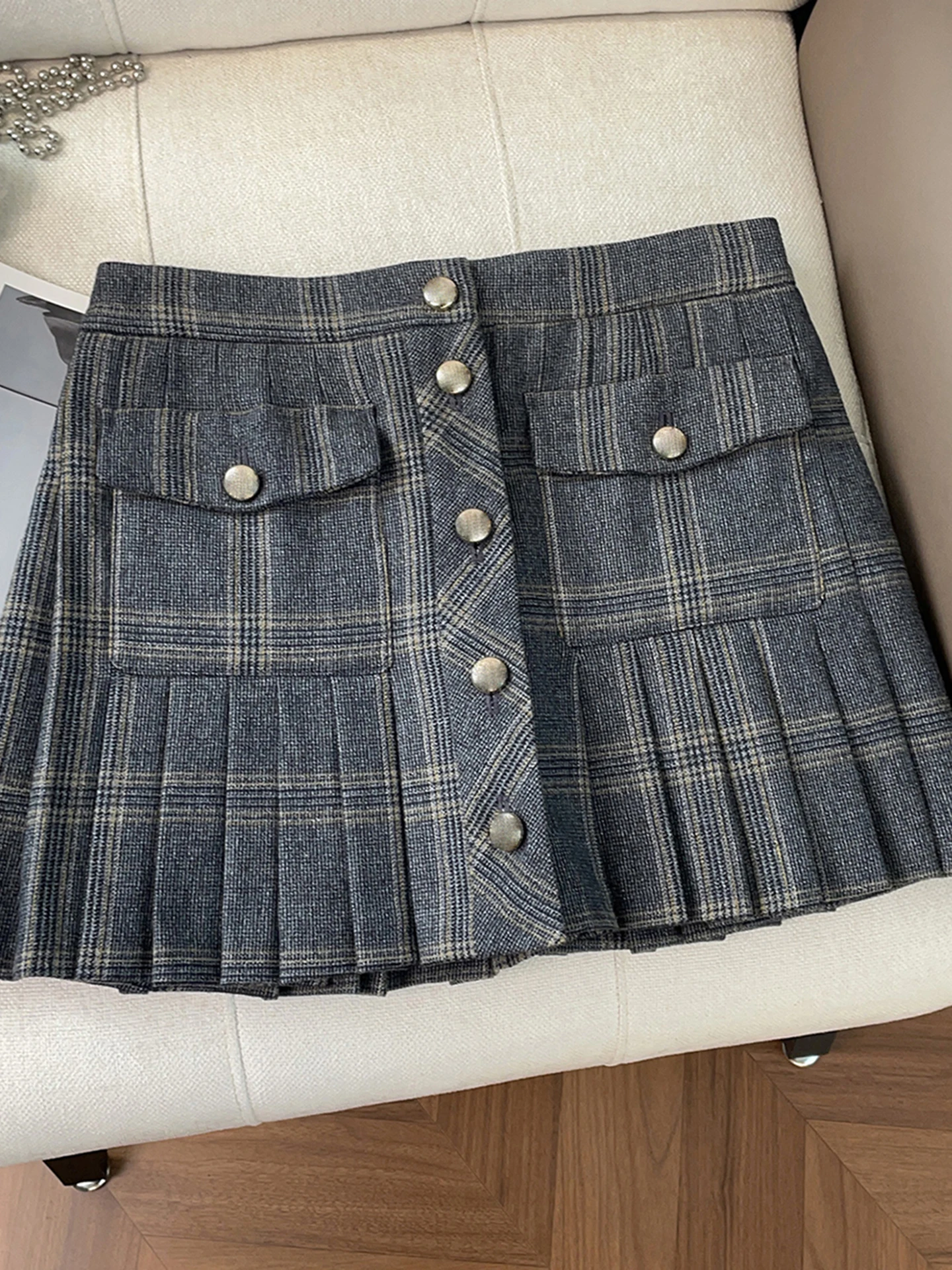 

Высококачественная корейская осенне-зимняя клетчатая юбка Faion Design Sensation Small ence Metal Bule Gored Юбка