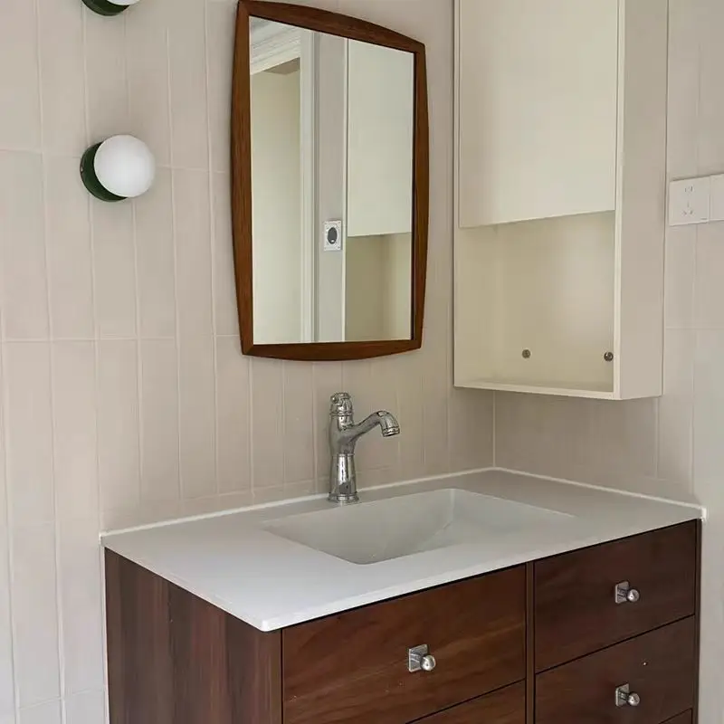 

Средневековый шкаф для ванной комнаты из цельного дерева ореха, каменная плита, бесшовная керамическая встроенная раковина, комбинированный умывальник