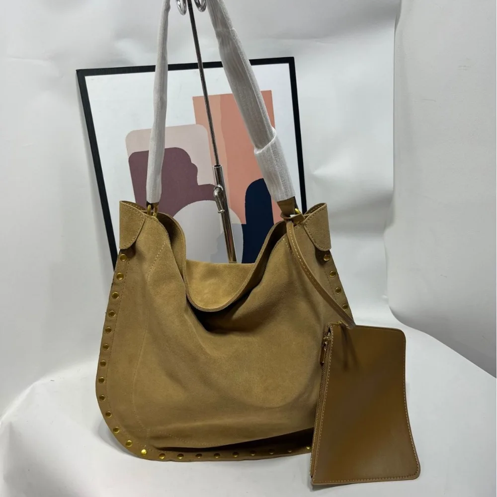 

Niche Design Trendy Cool Large Capacity Rivet Saddle Bag New Retro Matte Suede Leather Shoulder Armpit Bag Women Casual