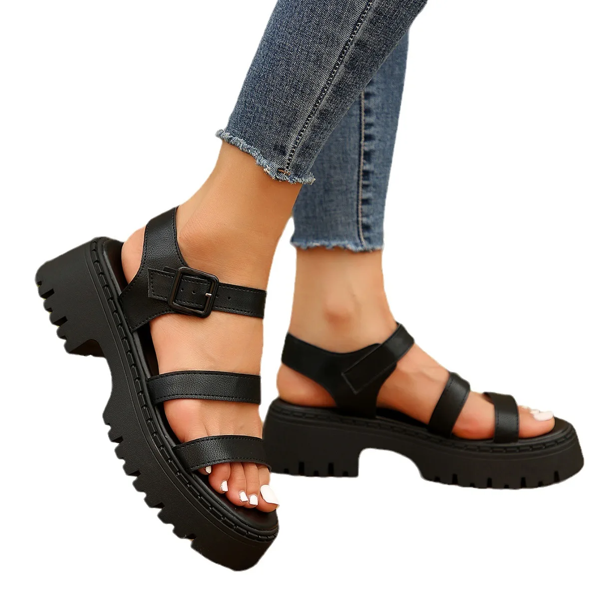 Black Platform Wedge Punk Sandals Women Summer PU Leather Thick Sole Sandals Woman Buckle Strap Non Slip Roman Shoes 43 Size 39