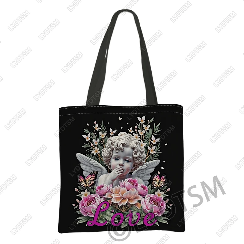 Cute Angle Love Money Themed Print Shoulder Bag Women Casual Handbags Large Capacity Tote Bag Reuseable Shopper Bags
