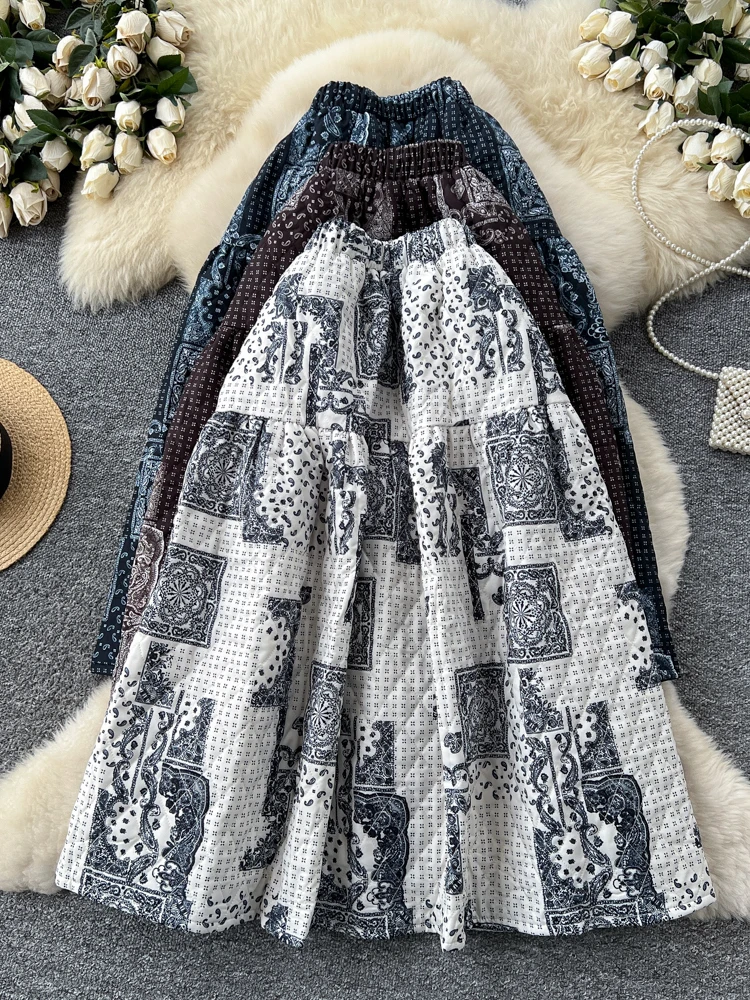 Ele Cotton Insert Diamond Print f Gonna Gonna a trapezio gonfia da donna Vita alta Dimagrante Autunno Inverno Faion Ci Pendolarismo