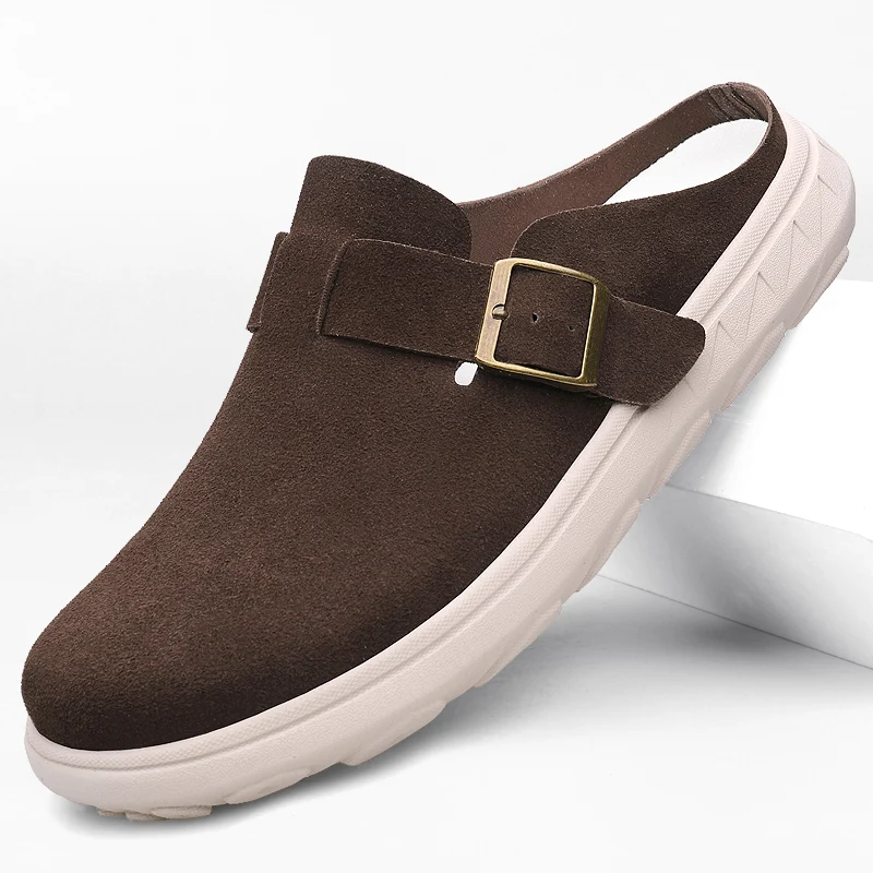 Men's Suede Leather Backless Clogs Mules Adjustable Buckle Slip on Platform Shoes Lightweight Non-slip Casual Walking Slippers