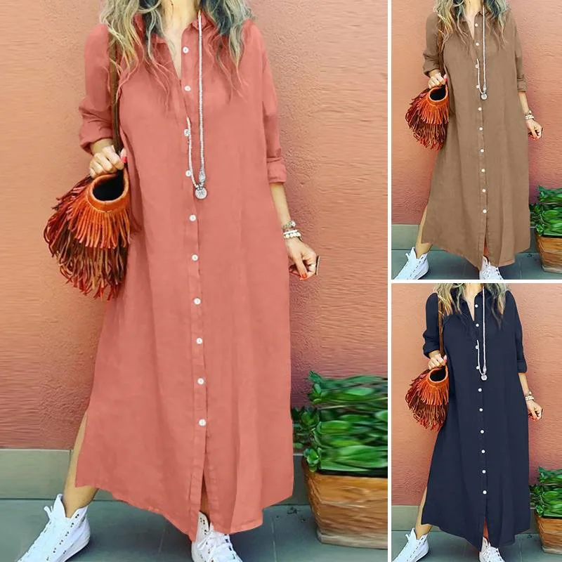 

2025 Spring and Autumn New Cotton and Hemp Commuting Style Solid Color Simple Collar Long Sleeve Loose Cardigan Shirt Dress