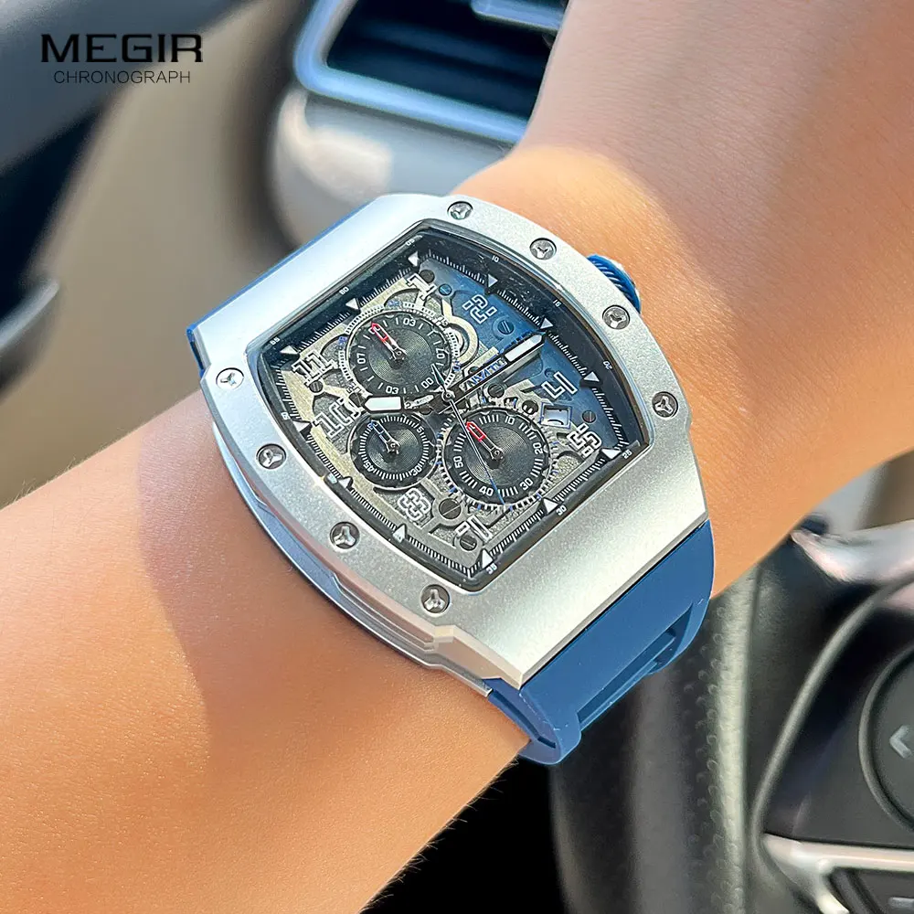 MEGIR Chronograph Quartz Watch for Men Luxury Stainless Steel Quartz Wristwatch with Luminous Hands Auto Date Blue Silicone Band