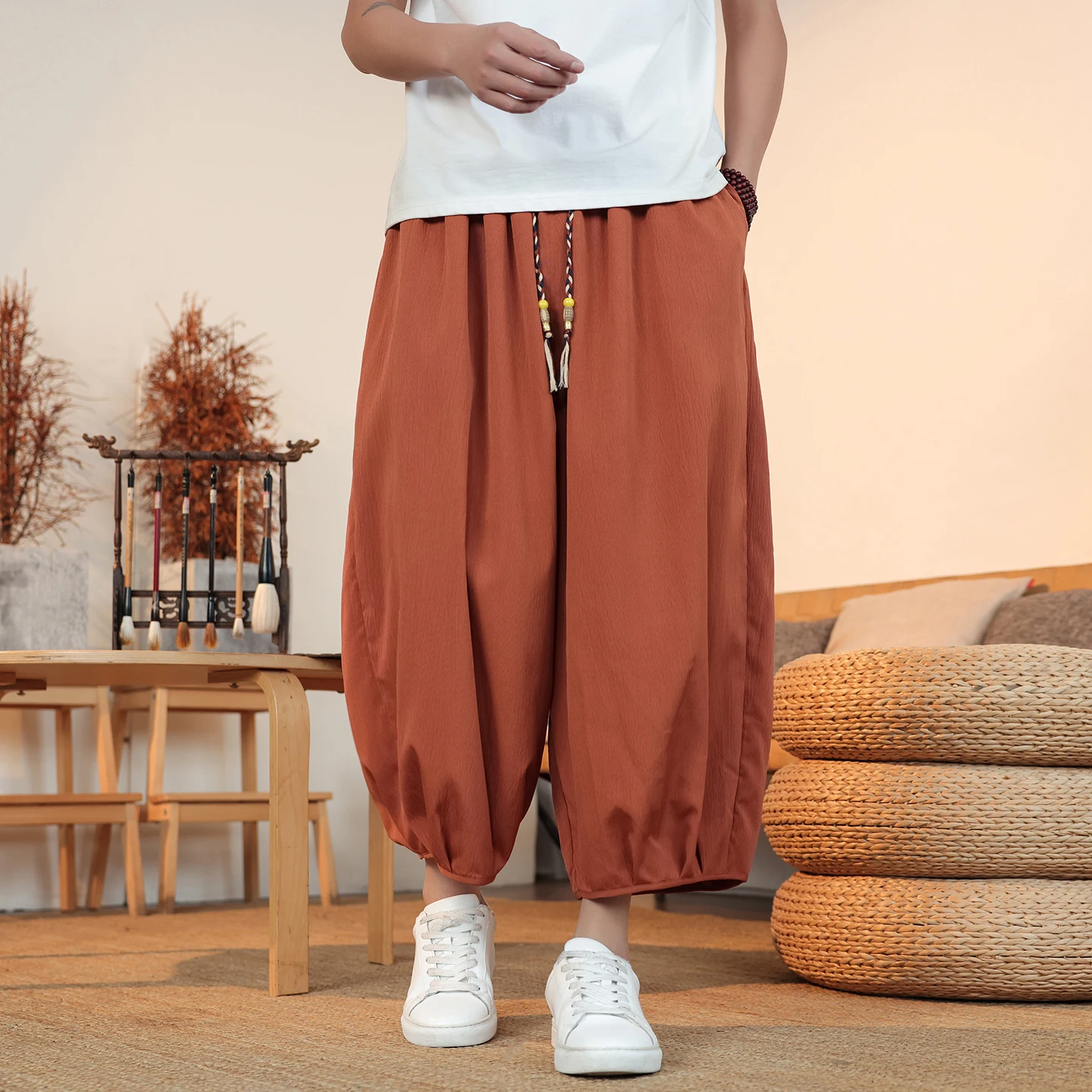 Sommerliche, atmungsaktive Sweatshirt-Hose für Herren, Eisseide, Leinenimitat, lockere, lässige, coole, kurze Hose im chinesischen Stil – Detail 2