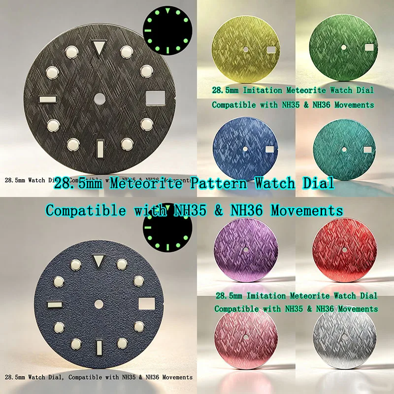 Multi-color 28.5mm Imitation Meteorite Texture Watch Dial with Date Window, Compatible with NH35 & NH36 Automatic Movement