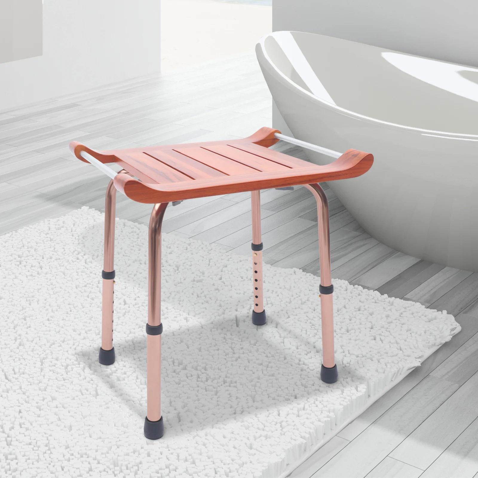 Shower Stool, Adjustable Height 15.16-21in, 300lbs Capacity, Waterproof Teak Wood, Non-Slip Aluminum Legs, Easy to Install,