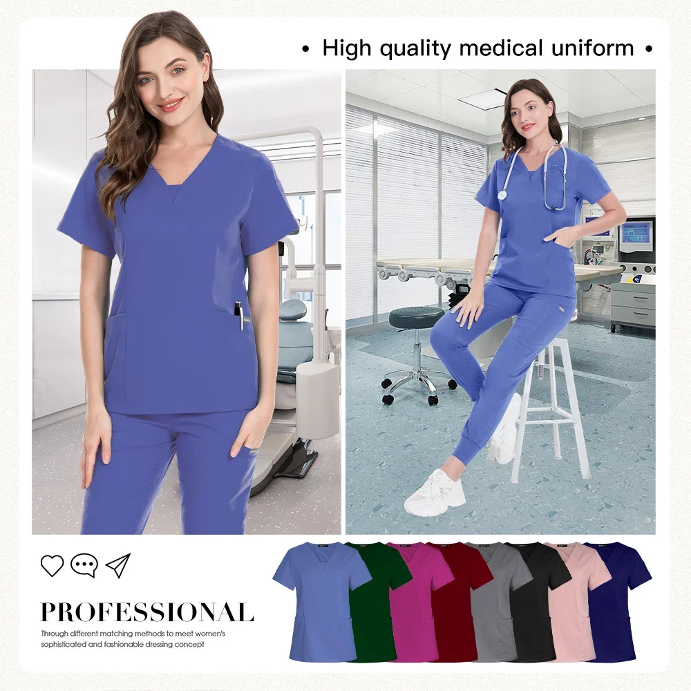 Vêtements de travail pour établissements de toilettage pour animaux de compagnie, uniformes d'infirmière, blouses à manches courtes + pantalon de jogging, col en v, accessoires médicaux, vente en gros