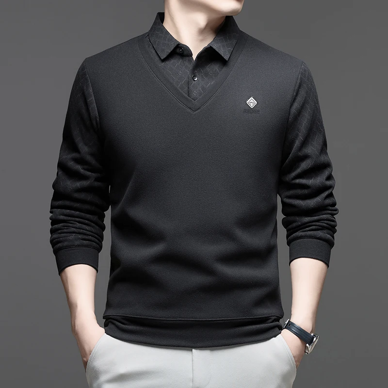 

Luxury brand embossed men's lapel sweater comfort warm casual autumn winter fashion new high-quality fake two pieces pullover