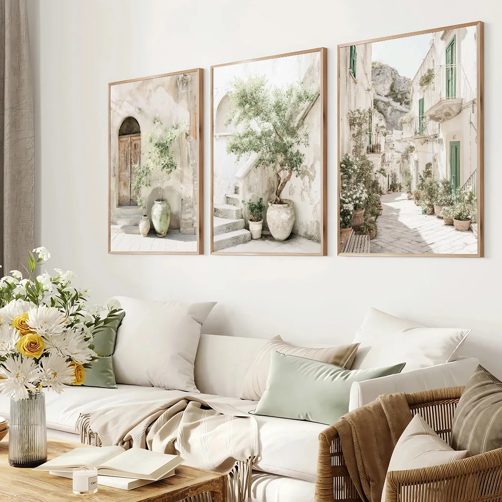 3pcs Set Unframed Italy Mediterranean Architecture Landscape Canvas Poster Olive Tree Door Village Travel Wall Art Decor Print