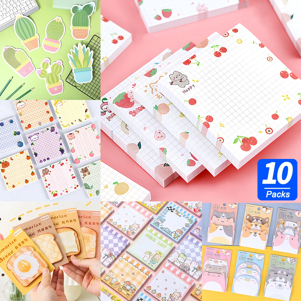 

10Sets Assorted Funny Sticky Notes Cute Kawaii Memo Pad Post Notepad Aesthetic Fancy Stationery To Do List Index Check Wish List