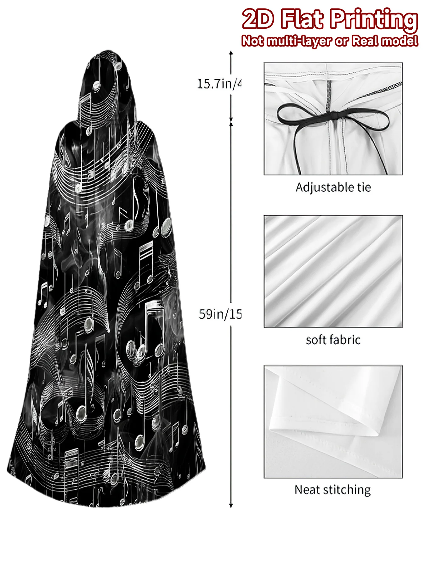 Customization 1pc 2D Flat Musical Notes Hooded Cape | Fabric, All-Season Wear, Ideal For Cosplay, Themed Events, Halloween