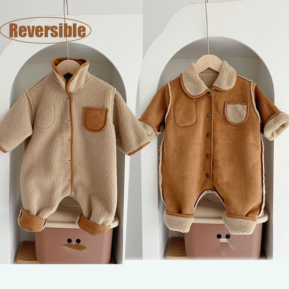 Fall Winter Newborn Reversible Velvet Suede Jumpsuit Set Toddler Clothing Outwear Thicken Infant Baby Romper Long Double-sided