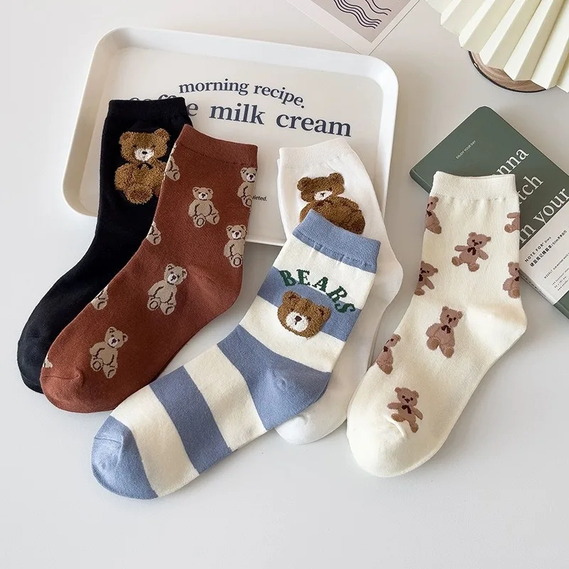 

1/5 Double Cartoon Little Bear Women's Middle School Socks Trendy Cute Sweet Cartoon Spring Autumn Comfortable Casual Socks