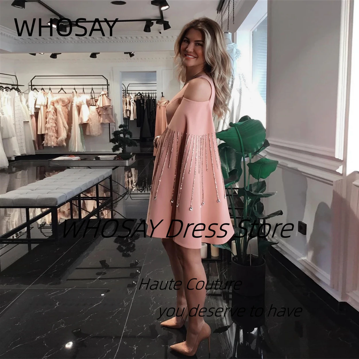 WHOSAY Customized Beaded Flutter Sleeves Prom Dresses Zipper Back Special Occasion Dress Mini Satin Robe Des Cocktail Party Gown