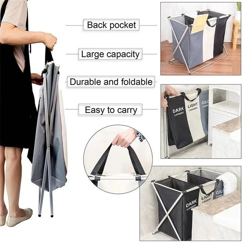 3 Grids Foldable Laundry Basket Large Capacity Toys Clothes Organizer Aluminum Bracket Waterproof Bathroom Laundry Basket Hamper