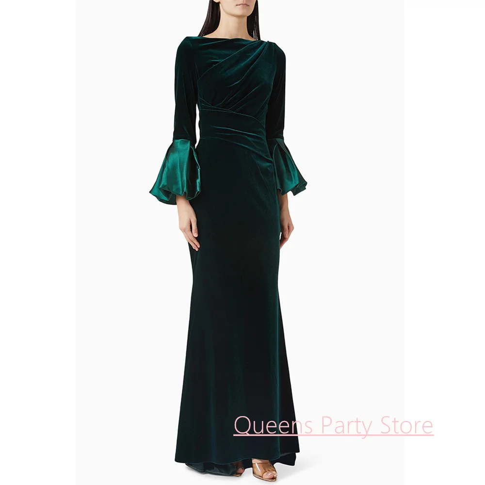 

Modern Velour Mermaid Evening Dress Customized Flare Sleeves Round Neck Ruched Sweep Train Simple Arabian Party Gown