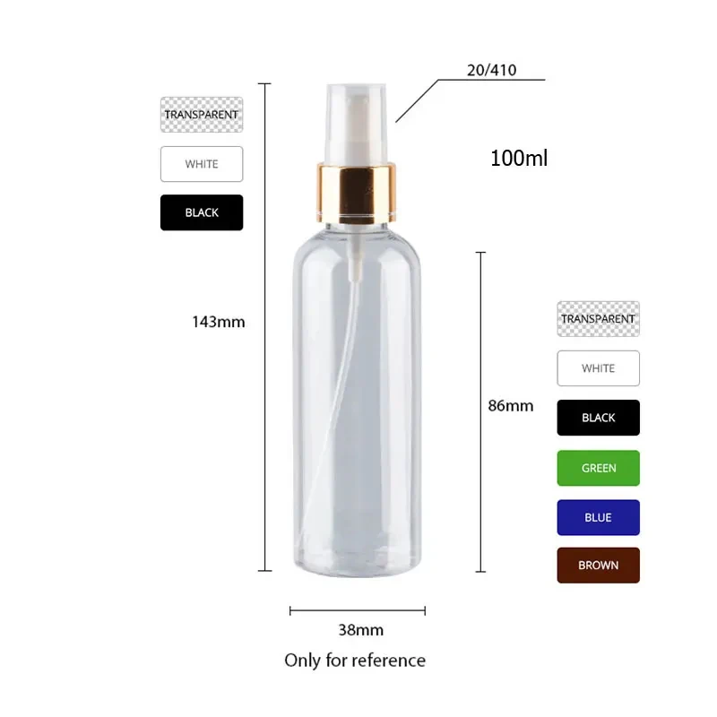 30 peças 30ml 50ml 60ml 100ml vazio configuração de maquiagem spray garrafas de plástico com colar de alumínio dourado perfume recipiente cosmético