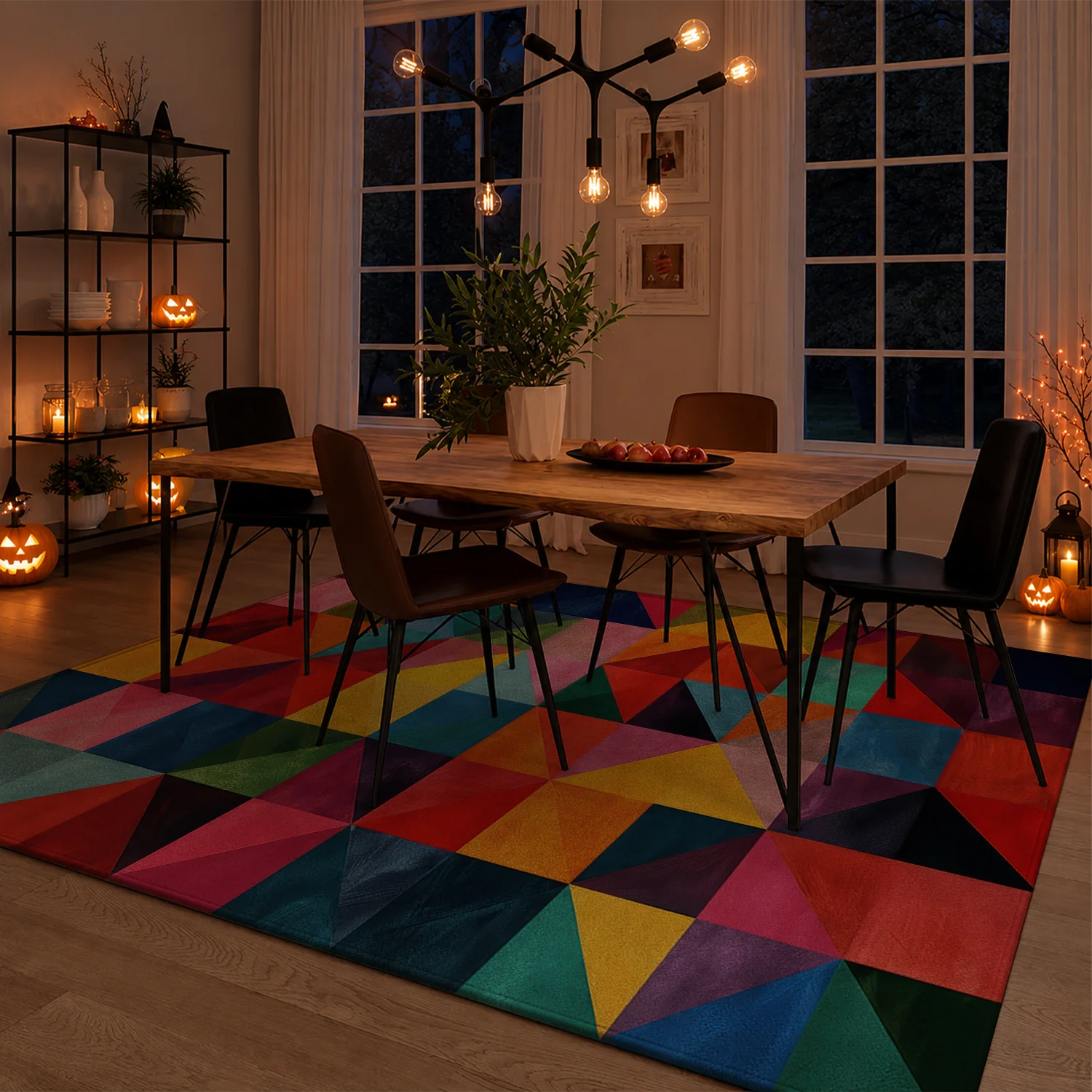 Large Indoor Area Rug, Soft Velvet Low Pile Rug with Non-slip Dotted Backing, Machine Washable, Vibrant Multicolor Geometric Triangle Pattern, Ideal for Living Room, Bedroom, Entryway Decor