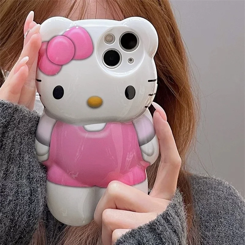 

Hot Japan Cute Cartoon Bear Hello Kitty Cat Phone Case For iPhone 13 14 15 16 12 11 Pro Max 3D Lovely bow KT Anti Fall Cover