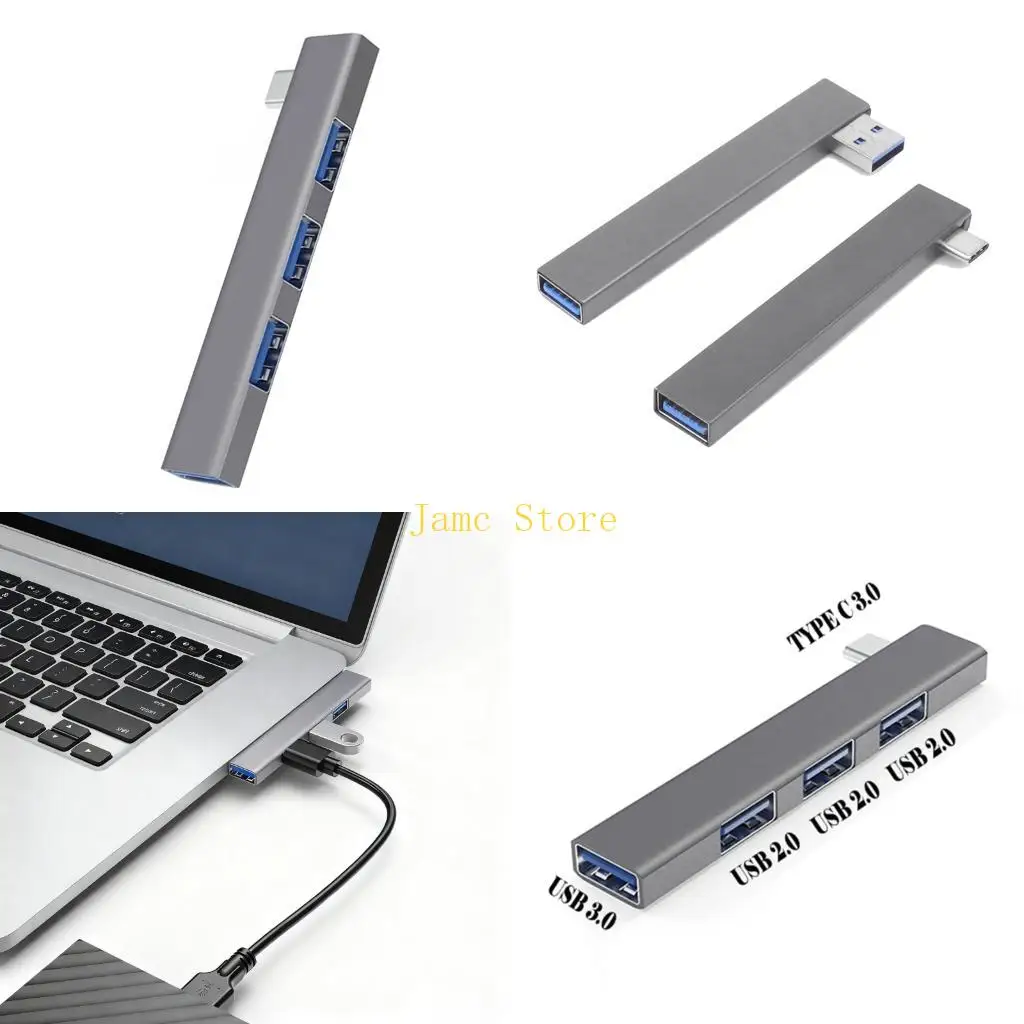 LX0B Aluminum USB Hubs 4 Port USB3.0 Type C and USB2.0 Simultaneous Device Connection Spaces Efficient Design