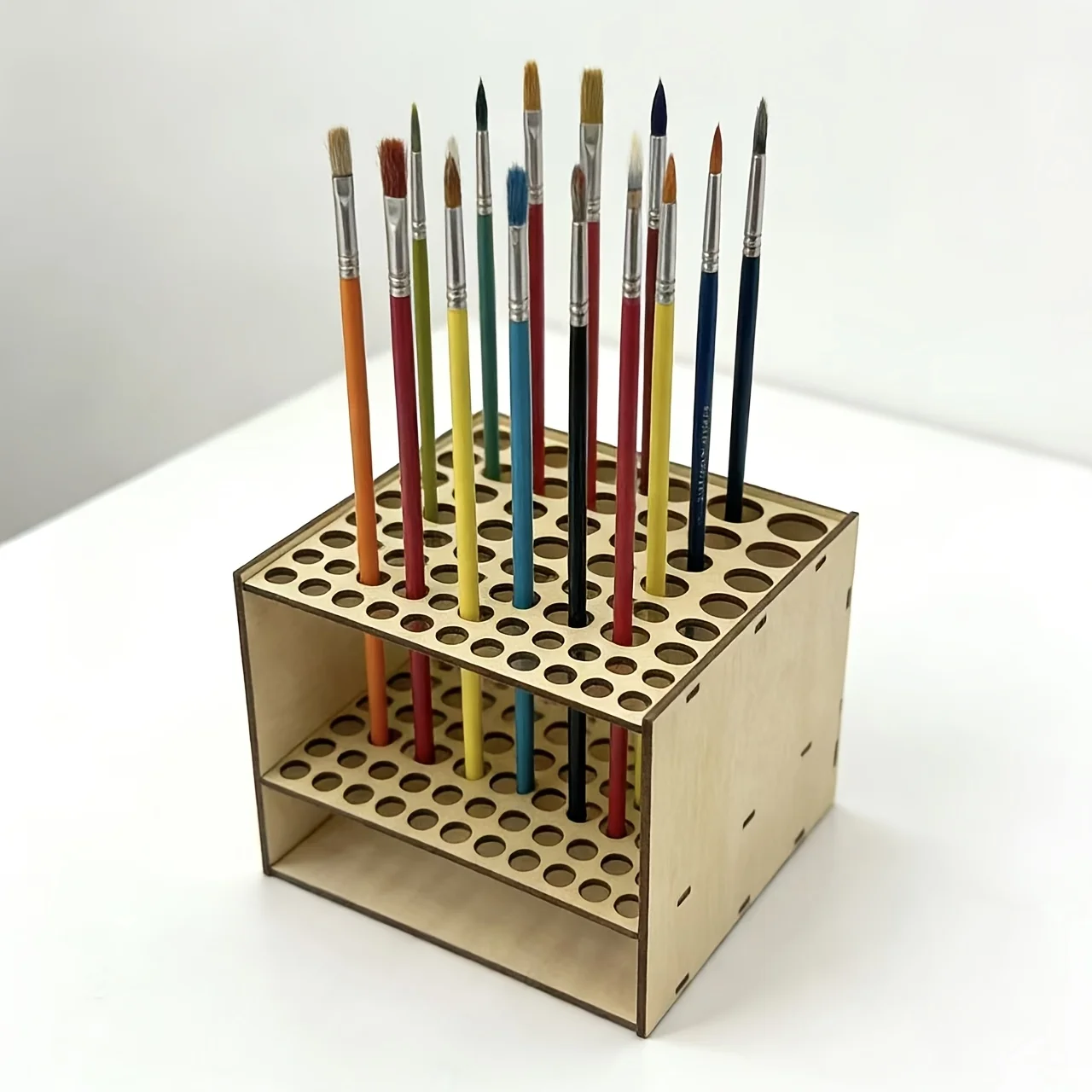 Desktop Storage 67 Slot Durable Wooden Brush Holder Multi-layer Tabletop Storage Stand For Artist Drawing Craft Stationery