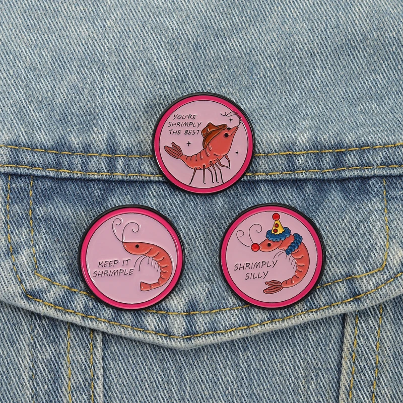 Alfileres esmaltados con trocadilos de camarones personalizados, broches tontos simples, insignias de solapa, joyería divertida de animales, regalo para niños y amigos