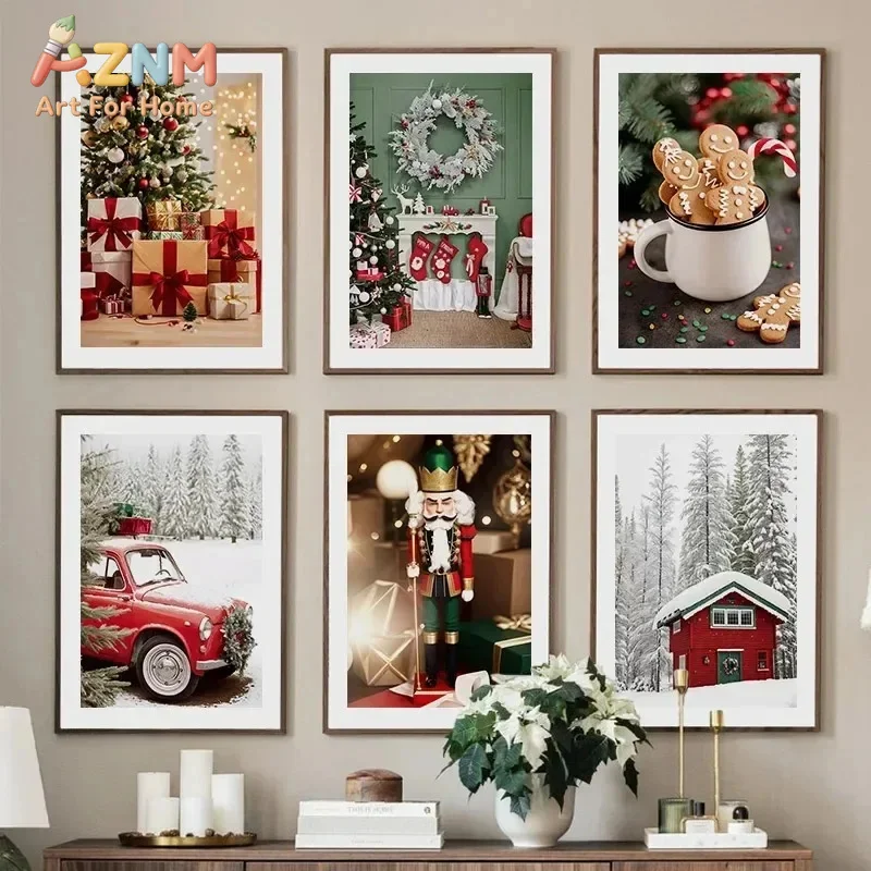 AZNM Christmas Tree Nutcracker Gingerbread Red Truck Canvas Wall Art, Winter Snow Scene Frameless Canvas Print Poster for Living