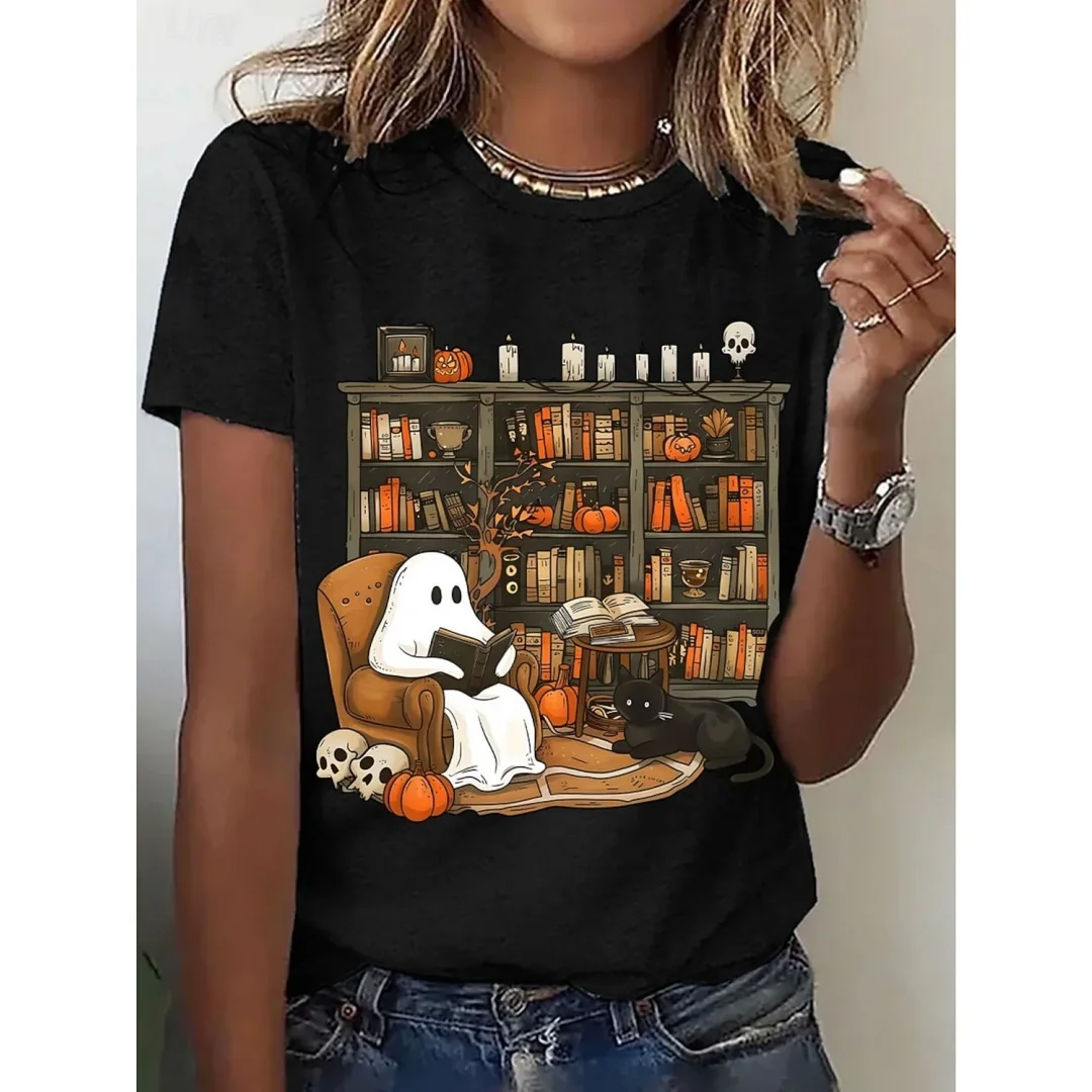 ハロウィン レディース Tシャツ グラフィック ゴースト レター ヴィンテージ スタイリッシュ クラシック 半袖 クルーネック レギュラー トップス デイリー お出かけ プリント