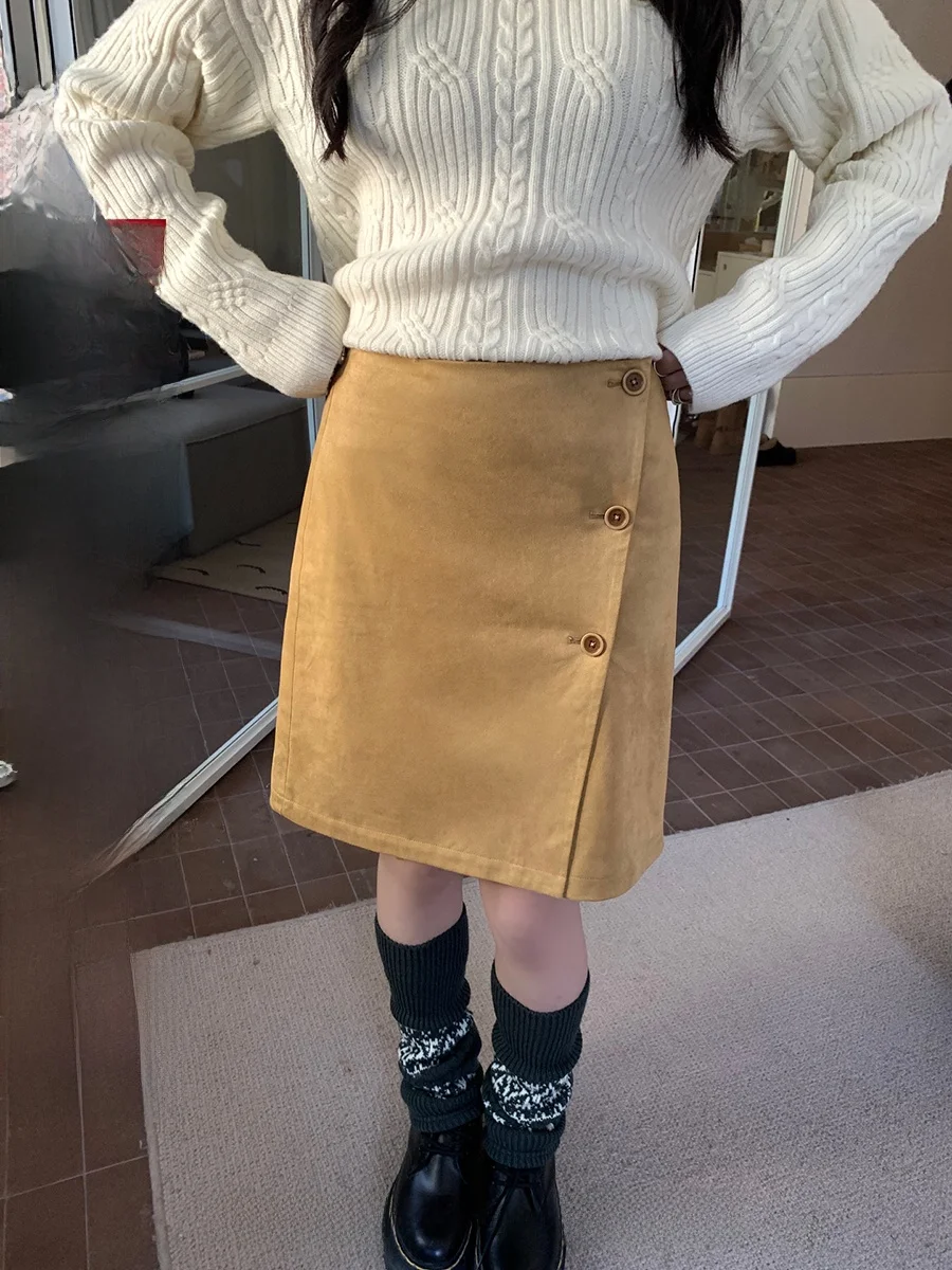 

Замшевая юбка с боковыми вставками для женщин, корейский стиль, прямой крой, зимняя модная облегающая юбка миди для прогулок